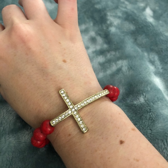 orange and gold Beaded Sideways cross bracelet - Picture 2 of 3